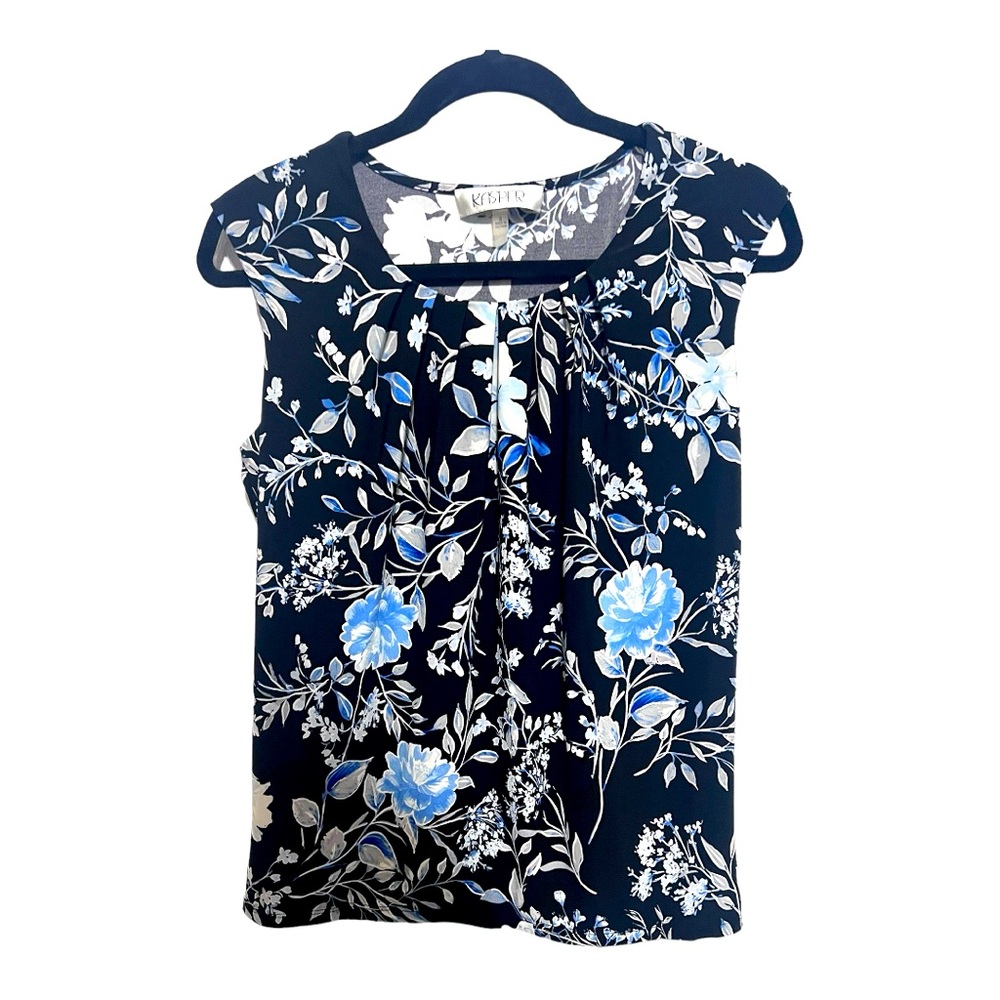 Kasper black shell top. Floral pattern with blue and gray.